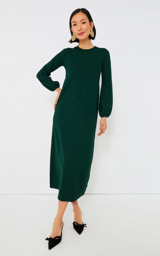 Pomander Place Lennox Double Knit Maxi Dress Hunter Green Long Sleeve Women's M